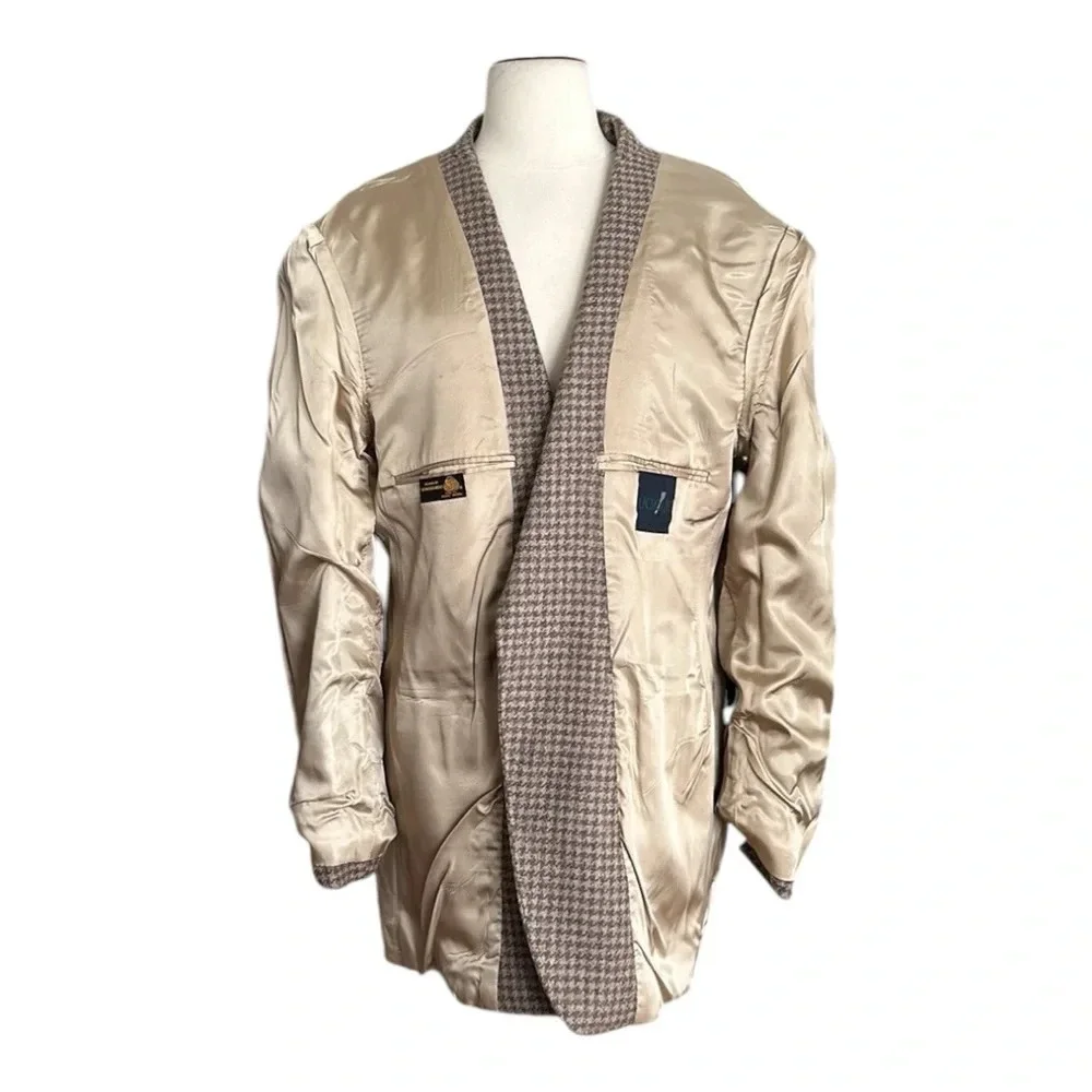 Vintage Wool Tan Houndstooth Sport Coat Blazer Academia‎ Career Elbow Patch 42L